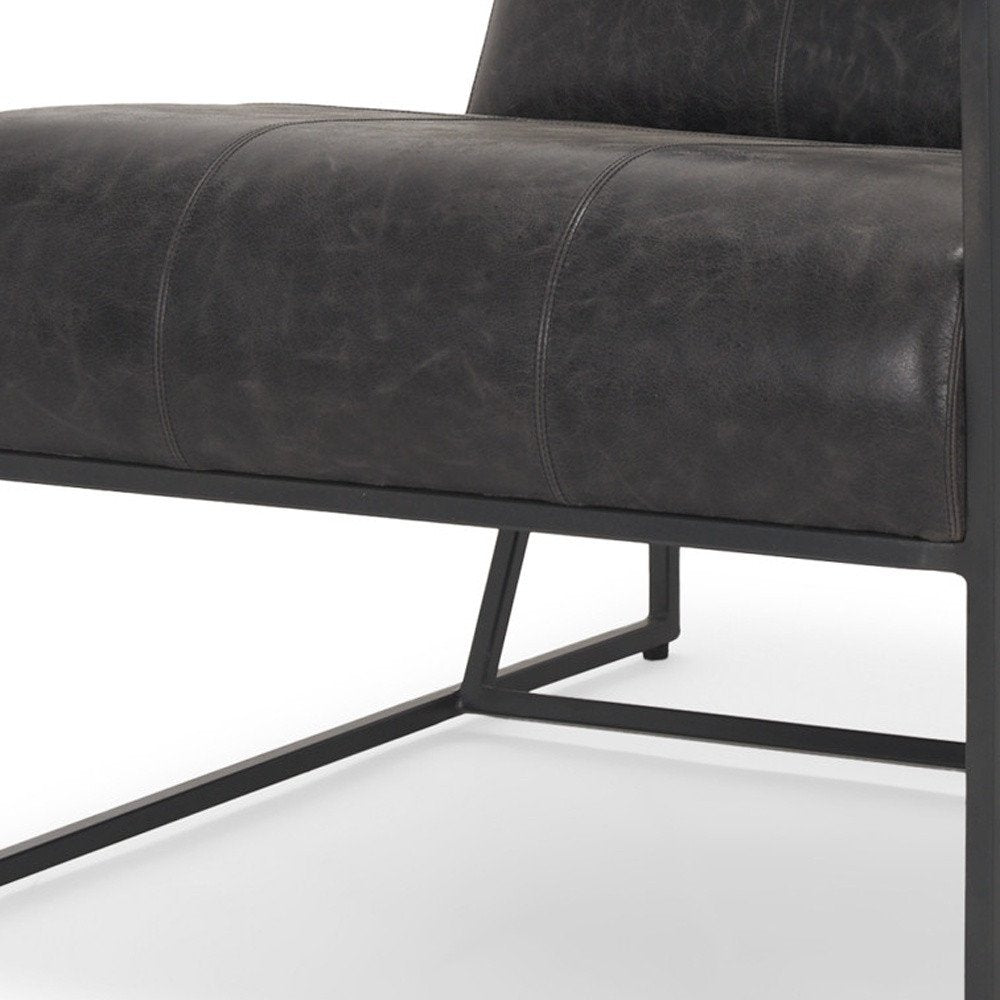 37" Black Genuine Leather and Metal Lounge Chair
