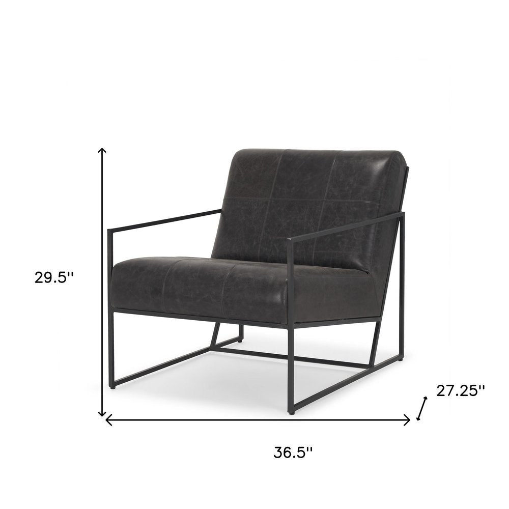 37" Black Genuine Leather and Metal Lounge Chair