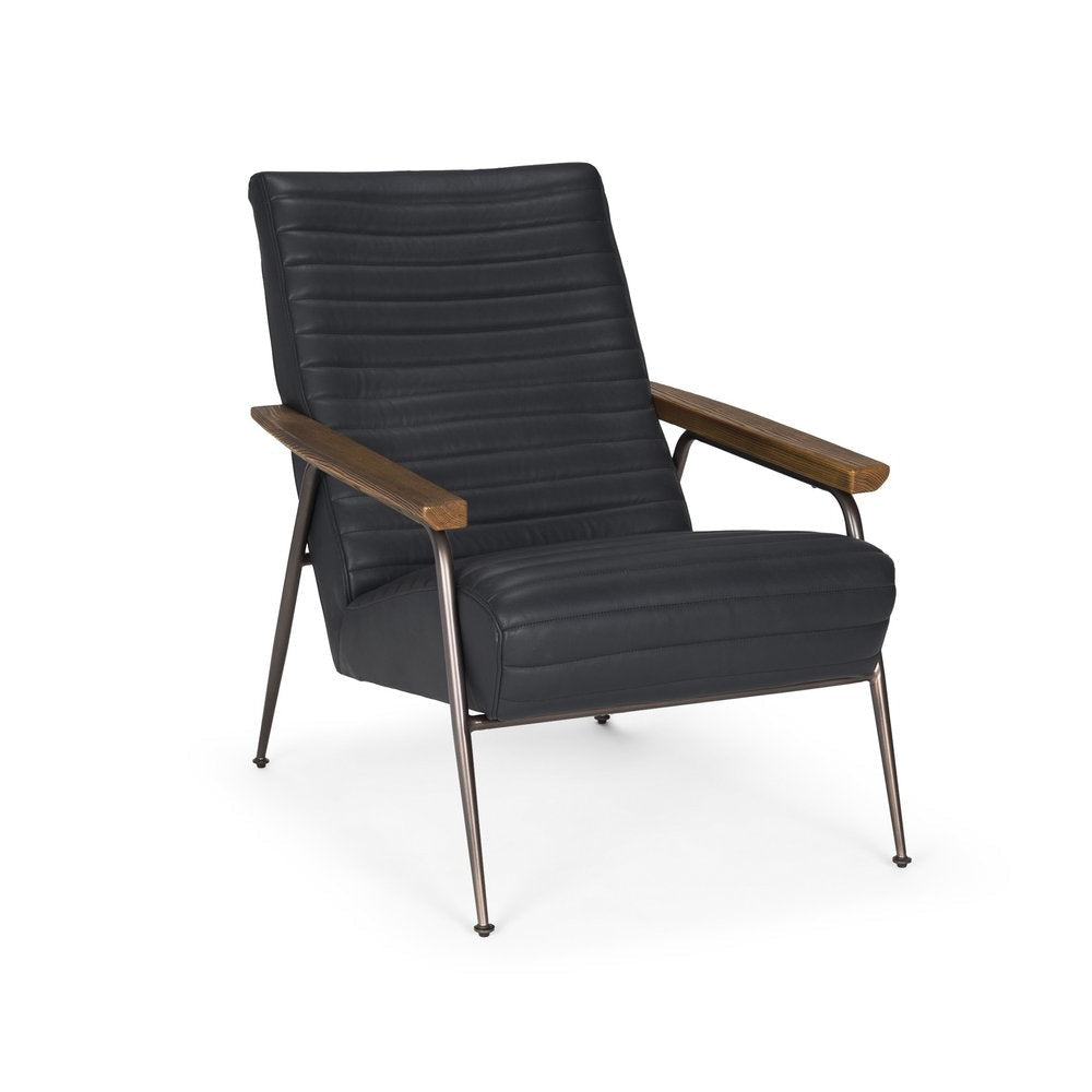 37" Black Leather Tufted Mid-Century Armchair