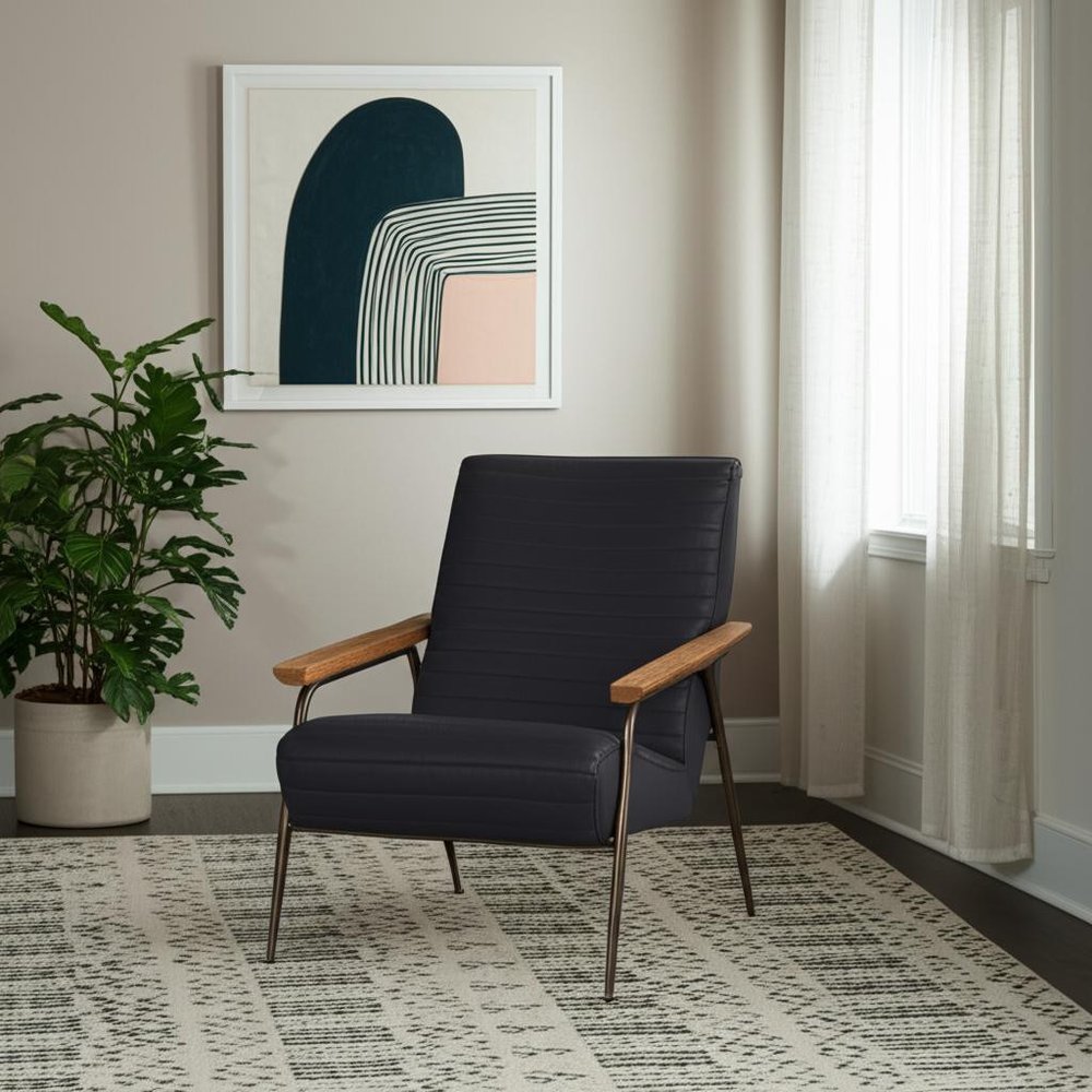 37" Black Leather Tufted Mid-Century Armchair