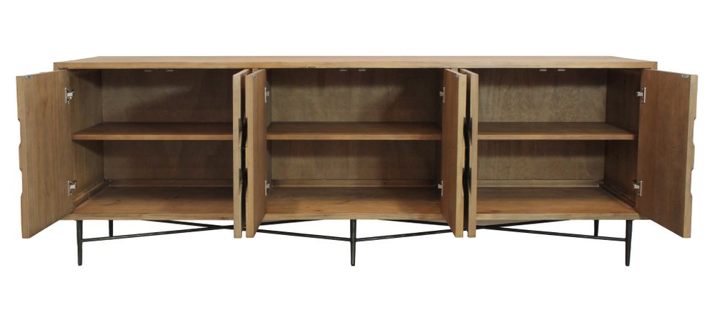 91" Natural Carved Geometric Wood 6 Door Buffet