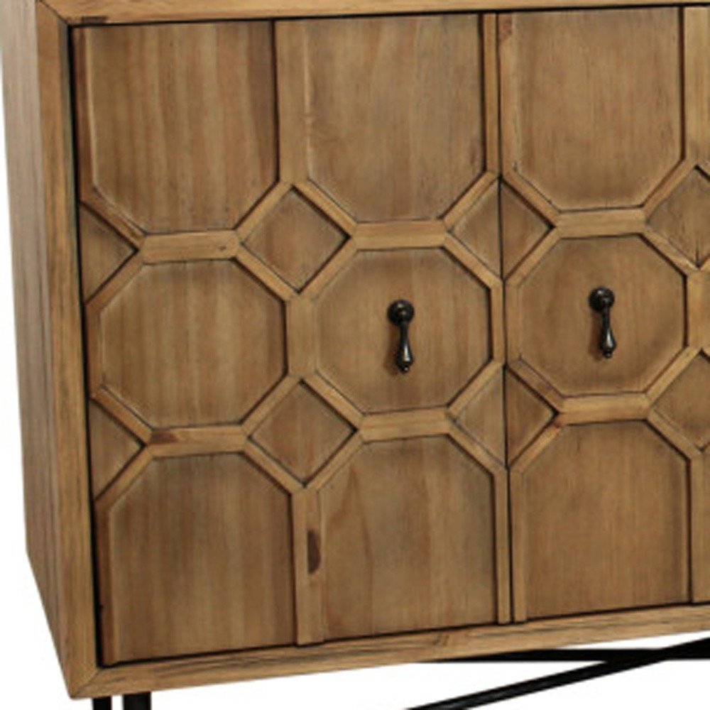 91" Natural Carved Geometric Wood 6 Door Buffet