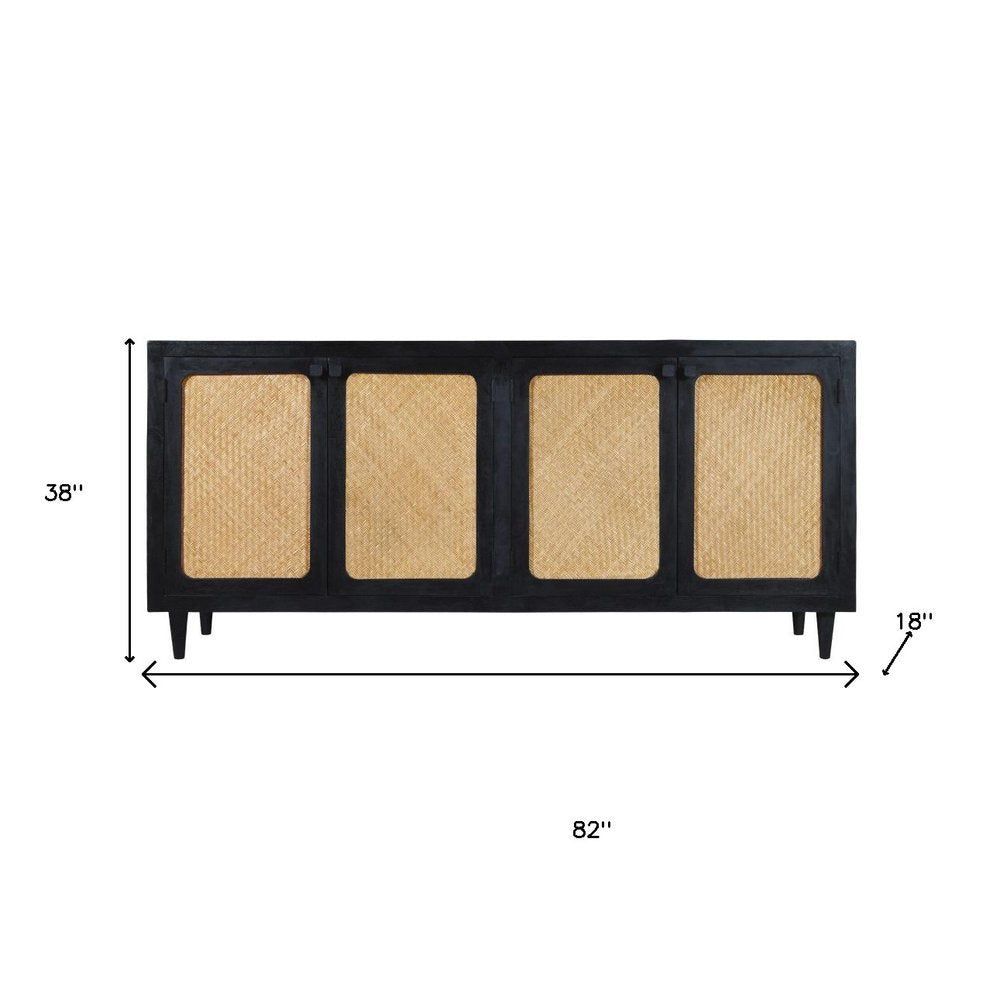 82" Black Wood and Rattan Door Sideboard