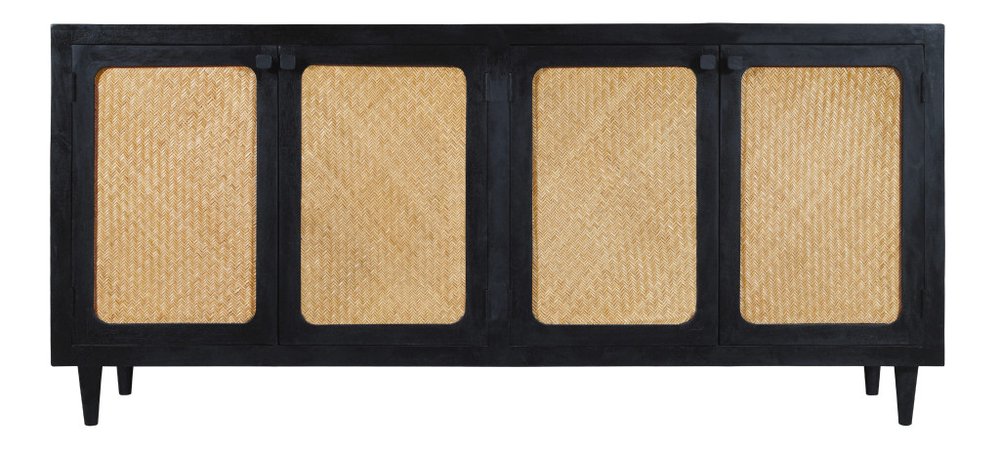 82" Black Wood and Rattan Door Sideboard