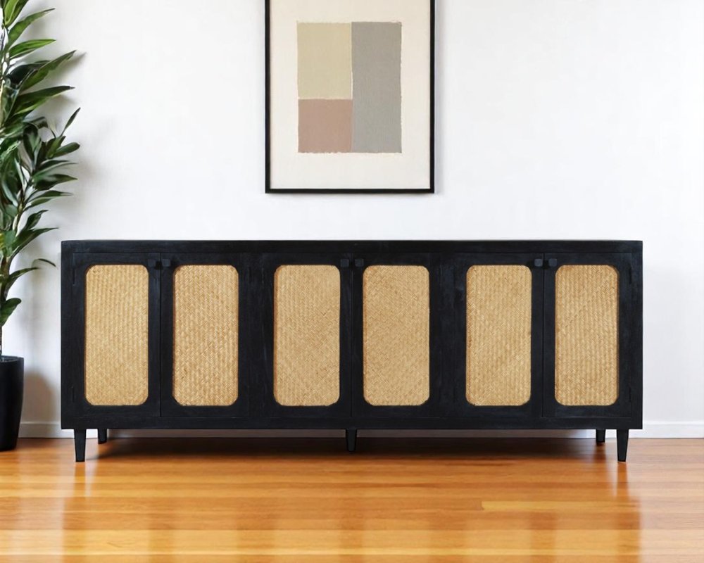 94" Black Wood and Rattan Door Sideboard