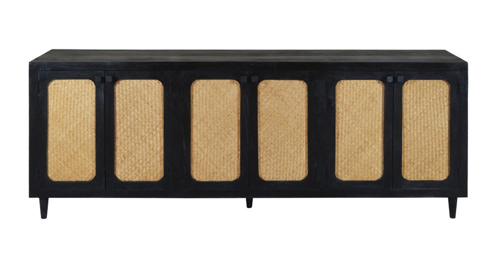 94" Black Wood and Rattan Door Sideboard