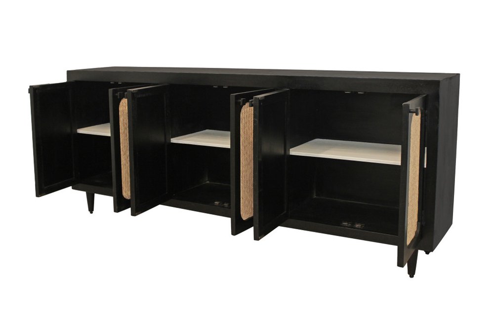 94" Black Wood and Rattan Door Sideboard
