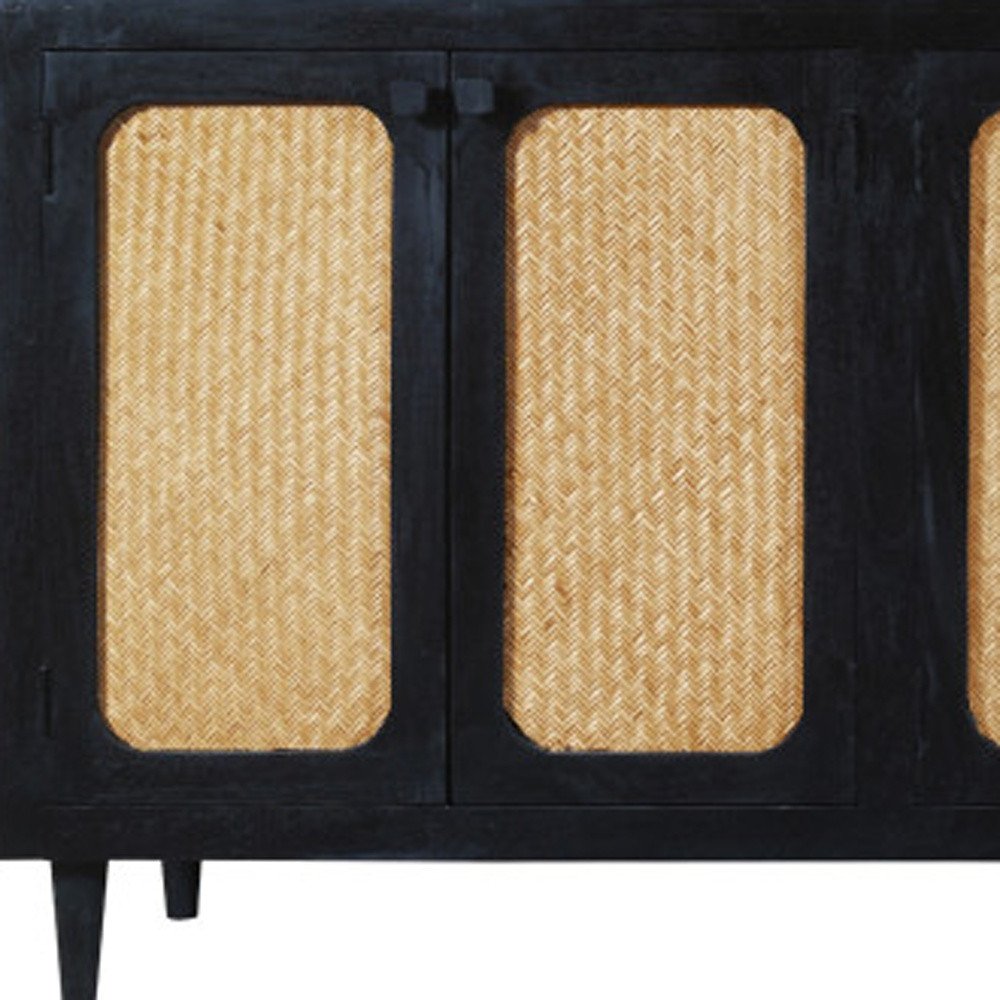 94" Black Wood and Rattan Door Sideboard