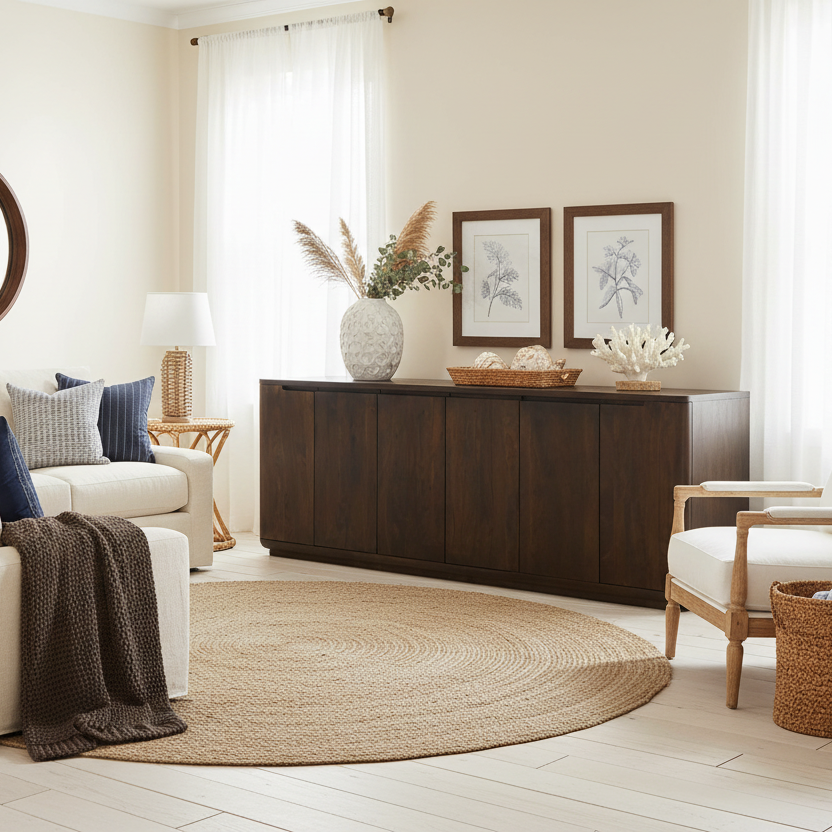 96" Natural Wood 6-Door Coastal Sideboard