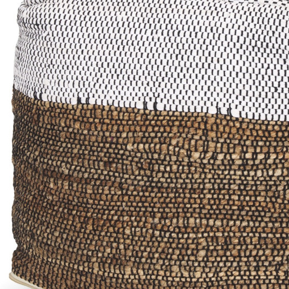 16" White and Brown Cotton and Jute Pouf Ottoman