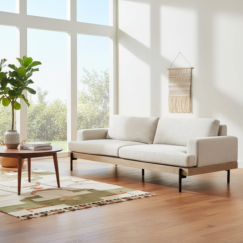 95" Beige Mid-Century Track Arm Sofa