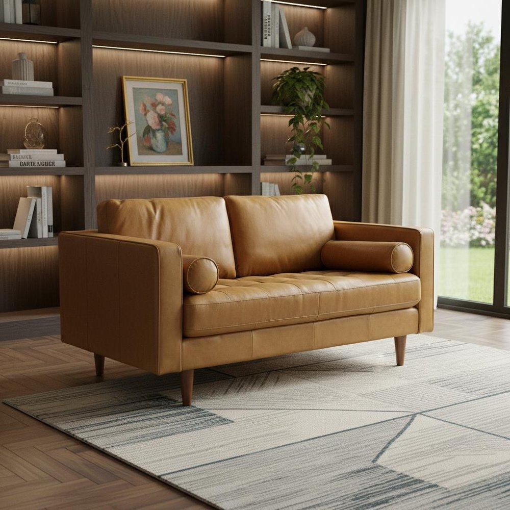 65" Light Brown Tufted Leather Loveseat