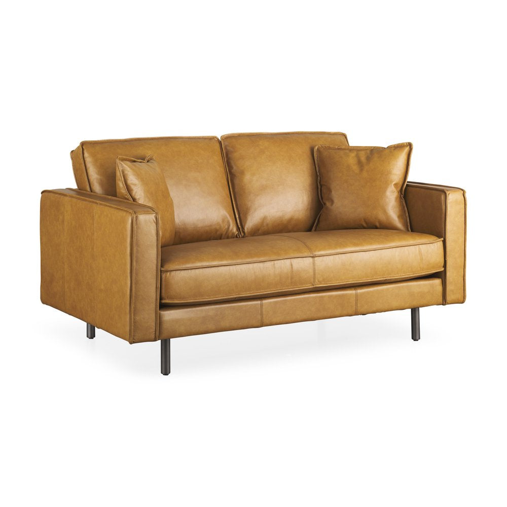 65" Tan Leather Mid-Century Sofa