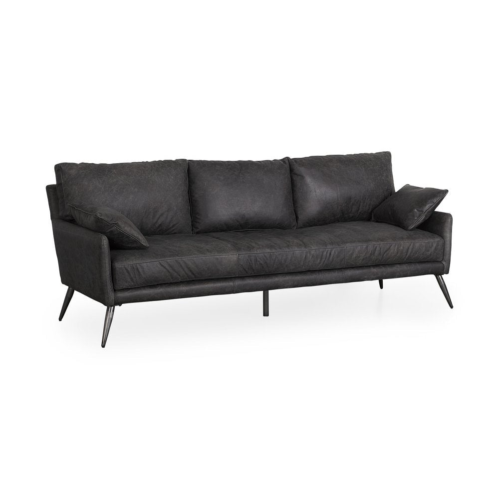 82" Black Leather Mid-Century Sofa with Toss Pillows