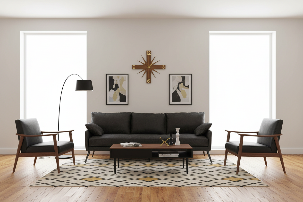 82" Black Leather Mid-Century Sofa with Toss Pillows