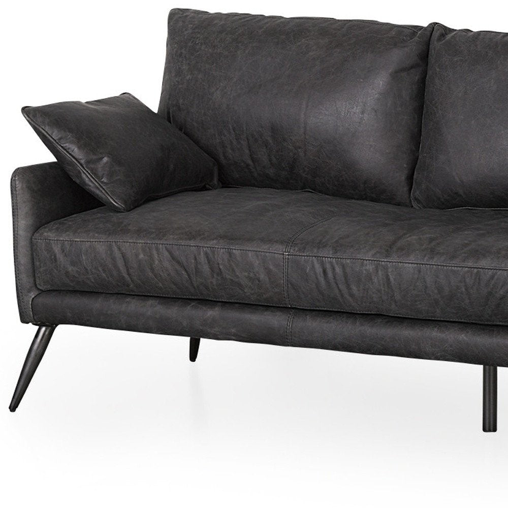 82" Black Leather Mid-Century Sofa with Toss Pillows