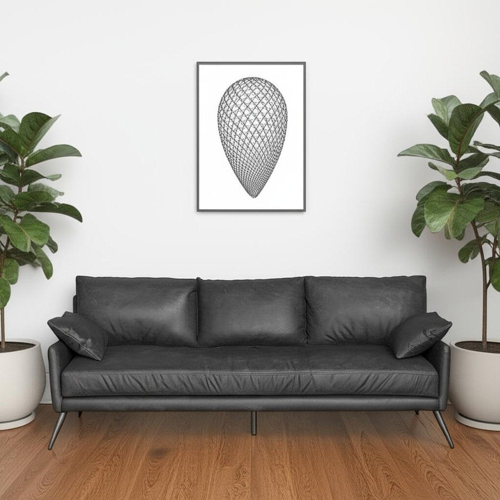 82" Black Leather Mid-Century Sofa with Toss Pillows