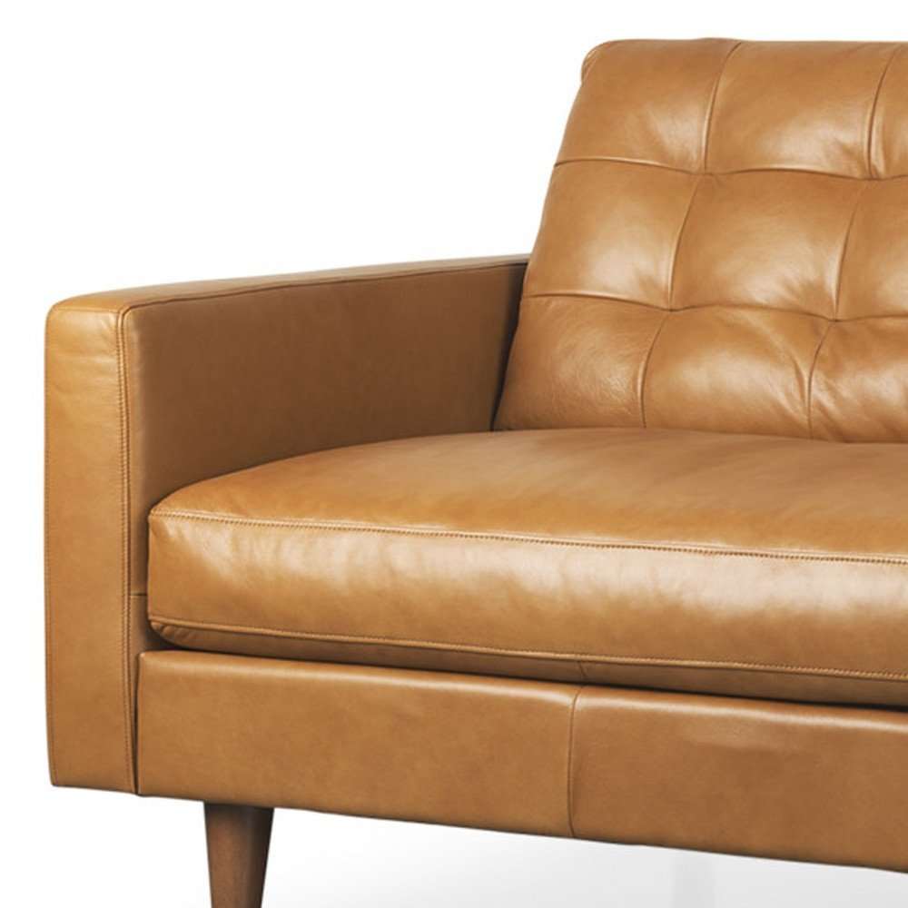 88" Brown Tufted Leather Mid-Century Sofa
