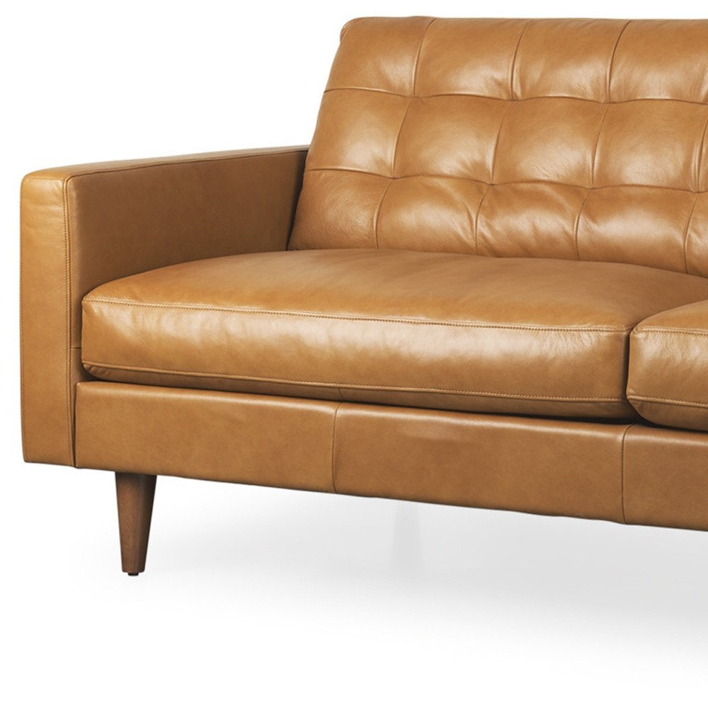 88" Brown Tufted Leather Mid-Century Sofa