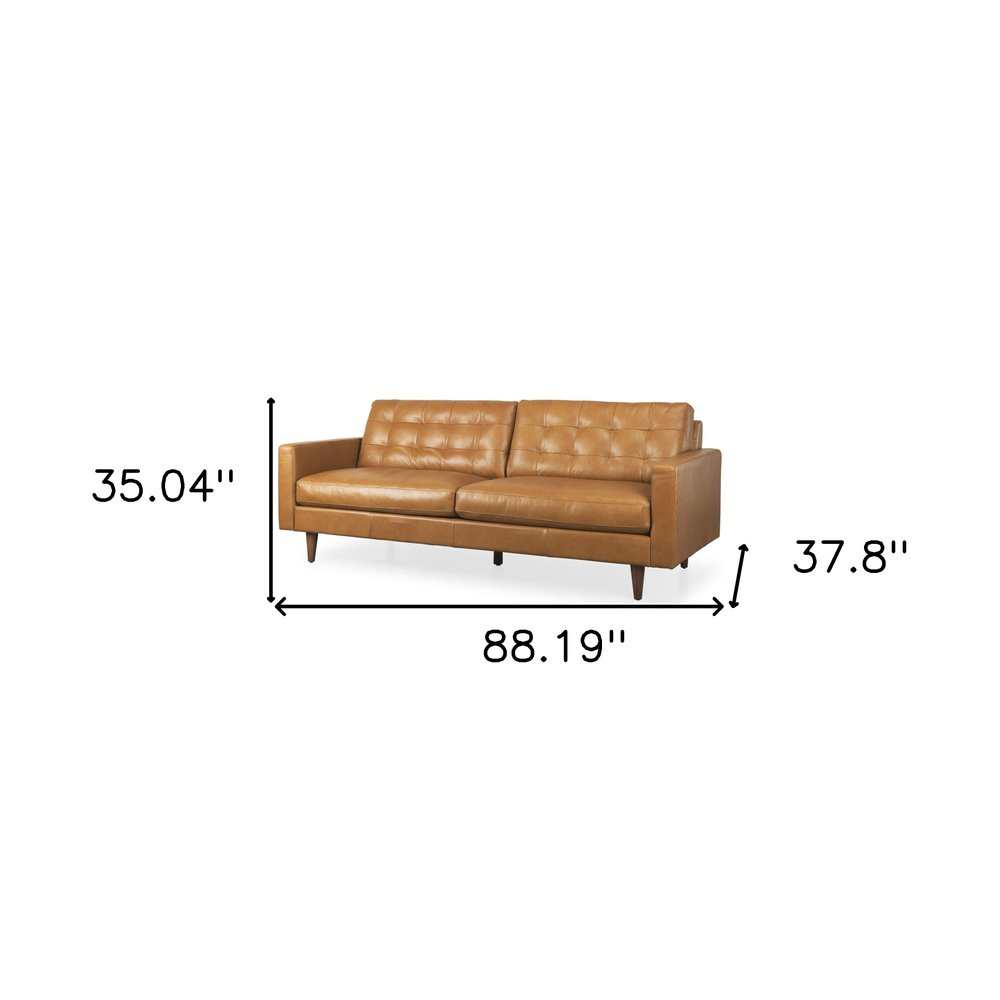88" Brown Tufted Leather Mid-Century Sofa