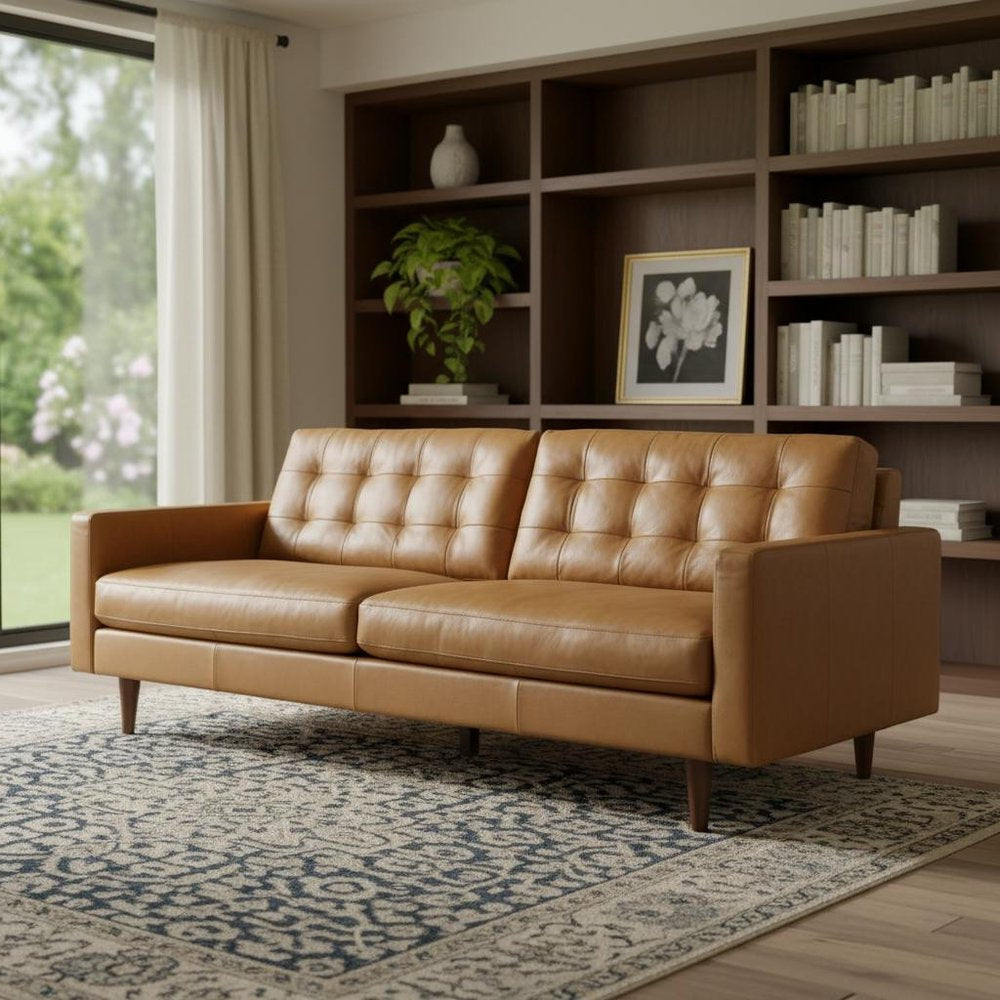 88" Brown Tufted Leather Mid-Century Sofa