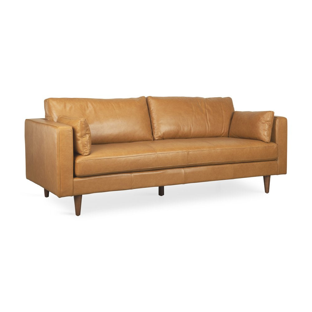 88" Tan Leather Mid-Century Sofa