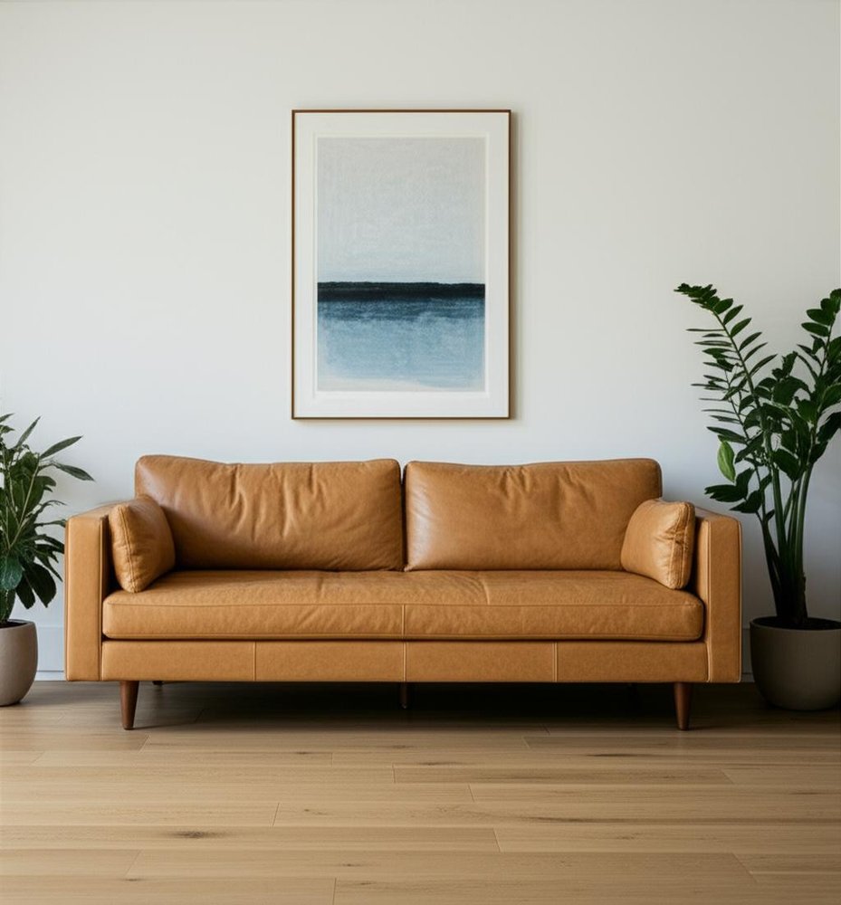 88" Tan Leather Mid-Century Sofa
