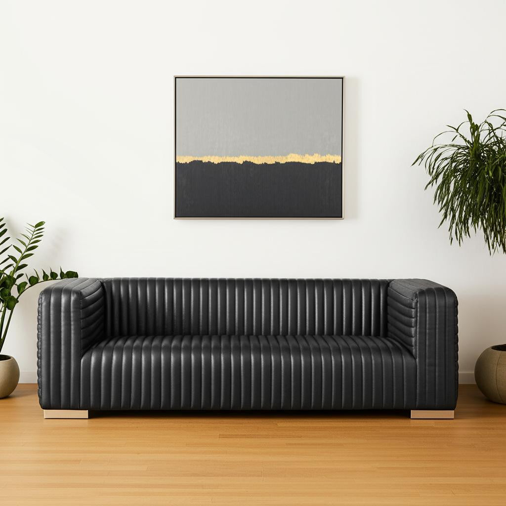82" Leather Wrapped Deco Tuxedo Sofa