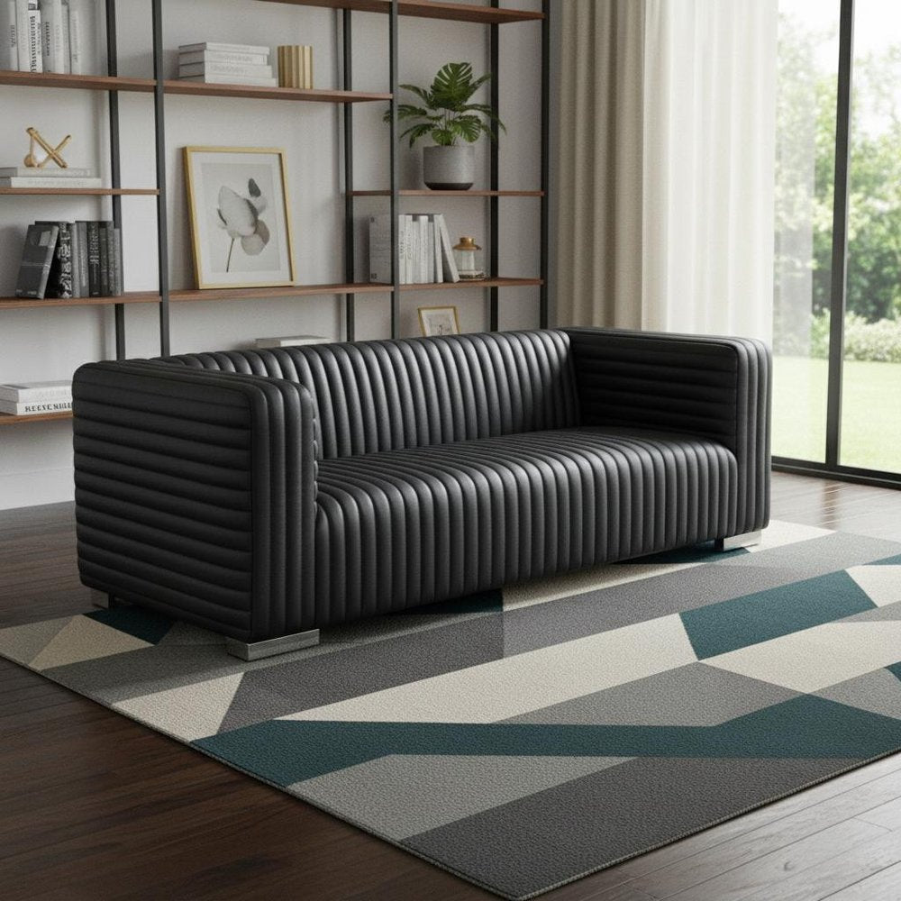 83" Top Grain Leather Contemporary Tufted Tuxedo Sofa