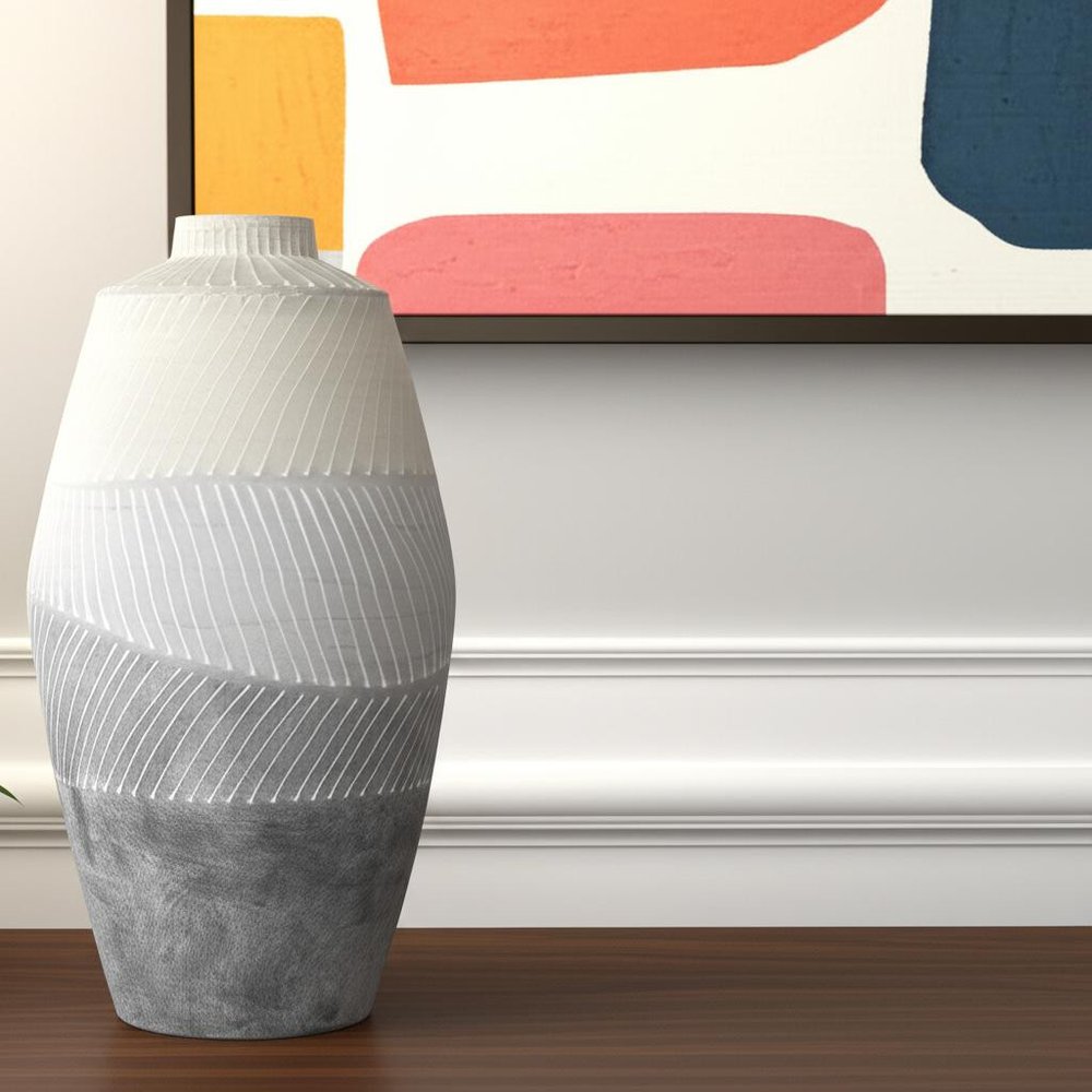16" Cream and Gray Ombré Textured Round Vase