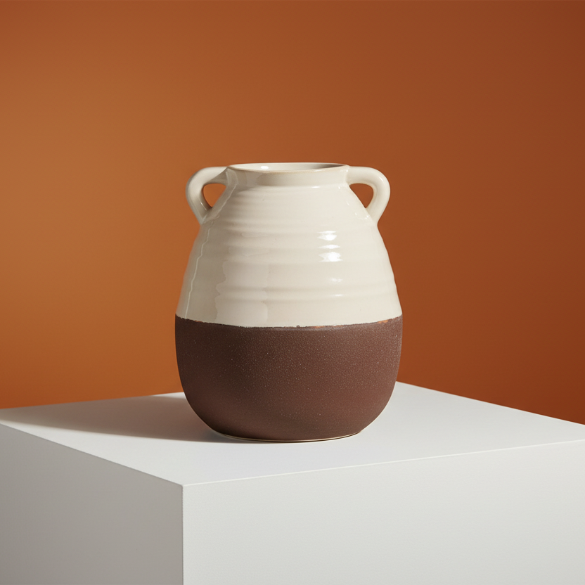 14" Brown and Cream Split Ceramic Amphora Vase
