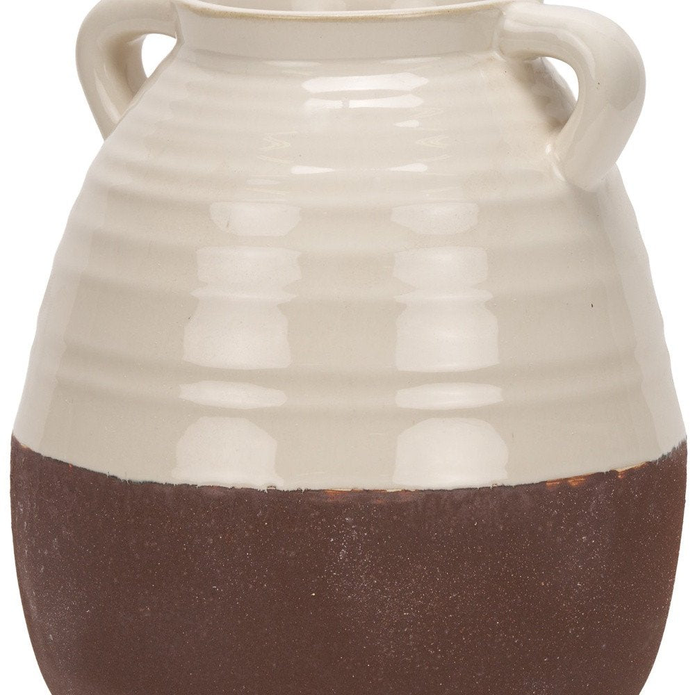 14" Brown and Cream Split Ceramic Amphora Vase