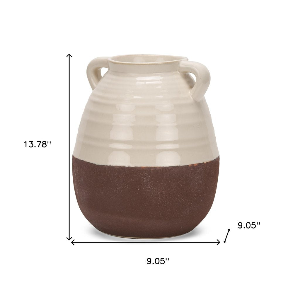 14" Brown and Cream Split Ceramic Amphora Vase