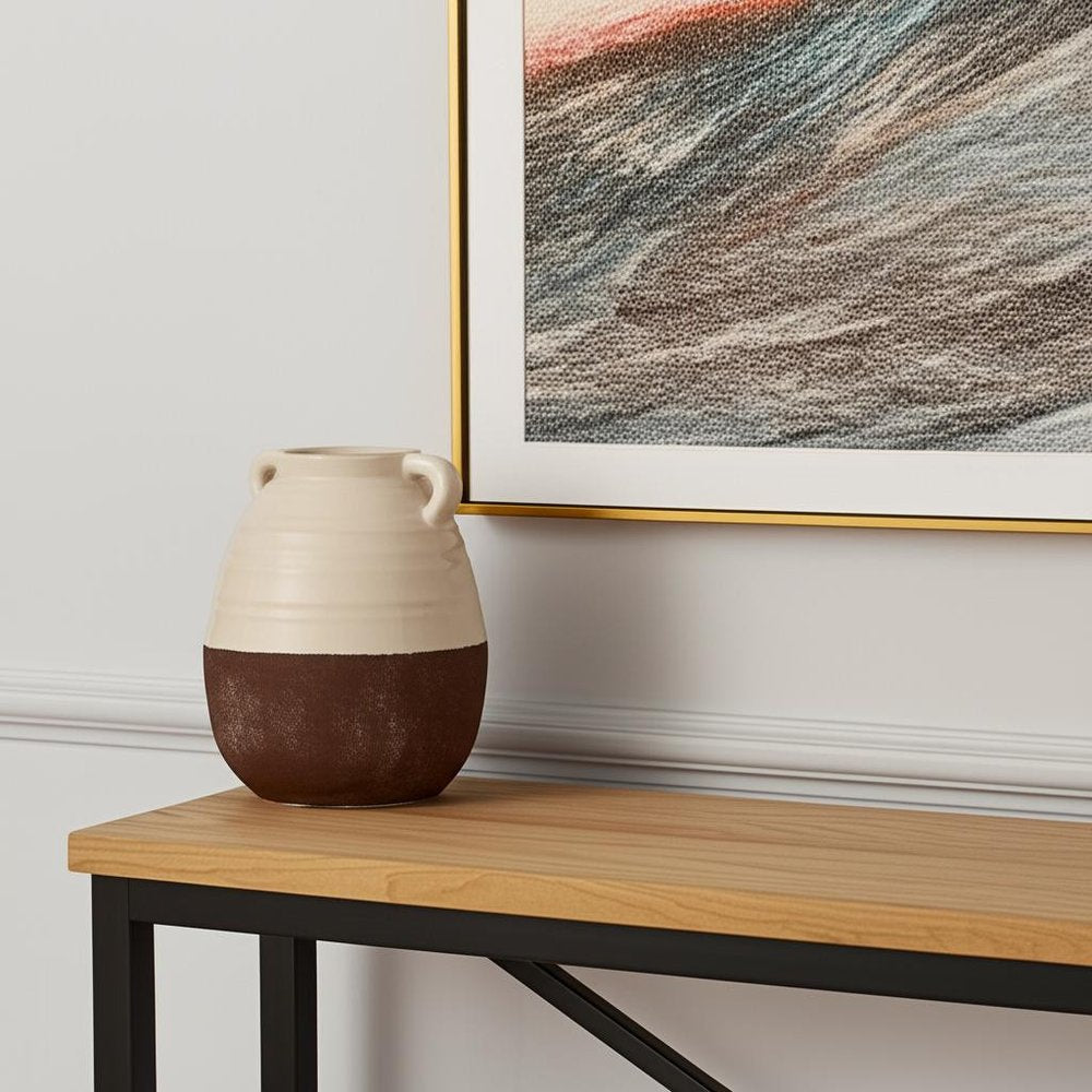 14" Brown and Cream Split Ceramic Amphora Vase