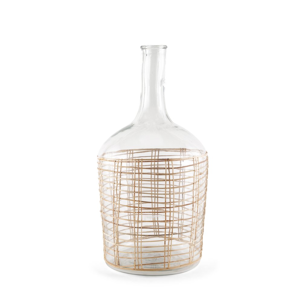 20" Glass and Rattan Bottle Floor Vase