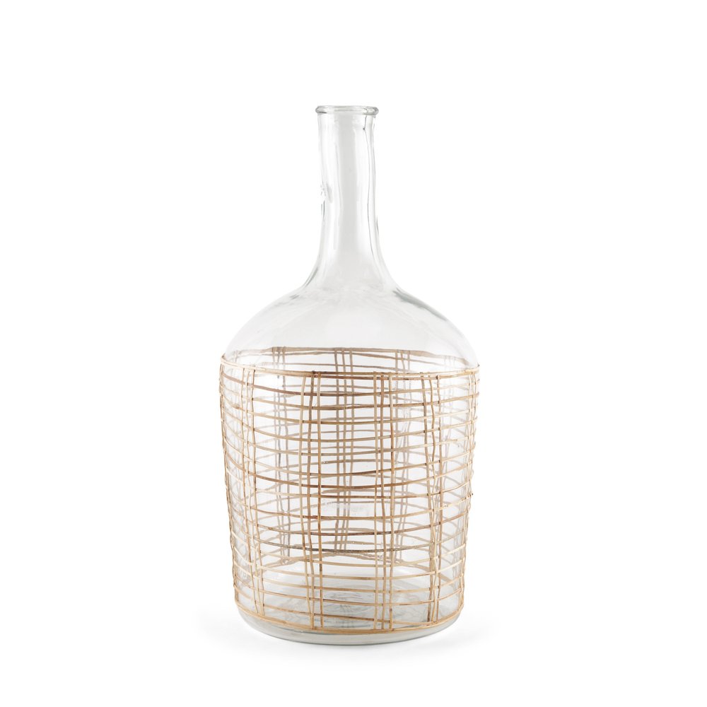 20" Glass and Rattan Bottle Floor Vase