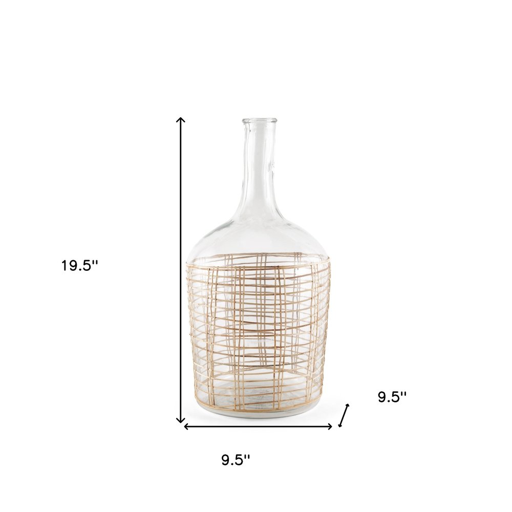 20" Glass and Rattan Bottle Floor Vase