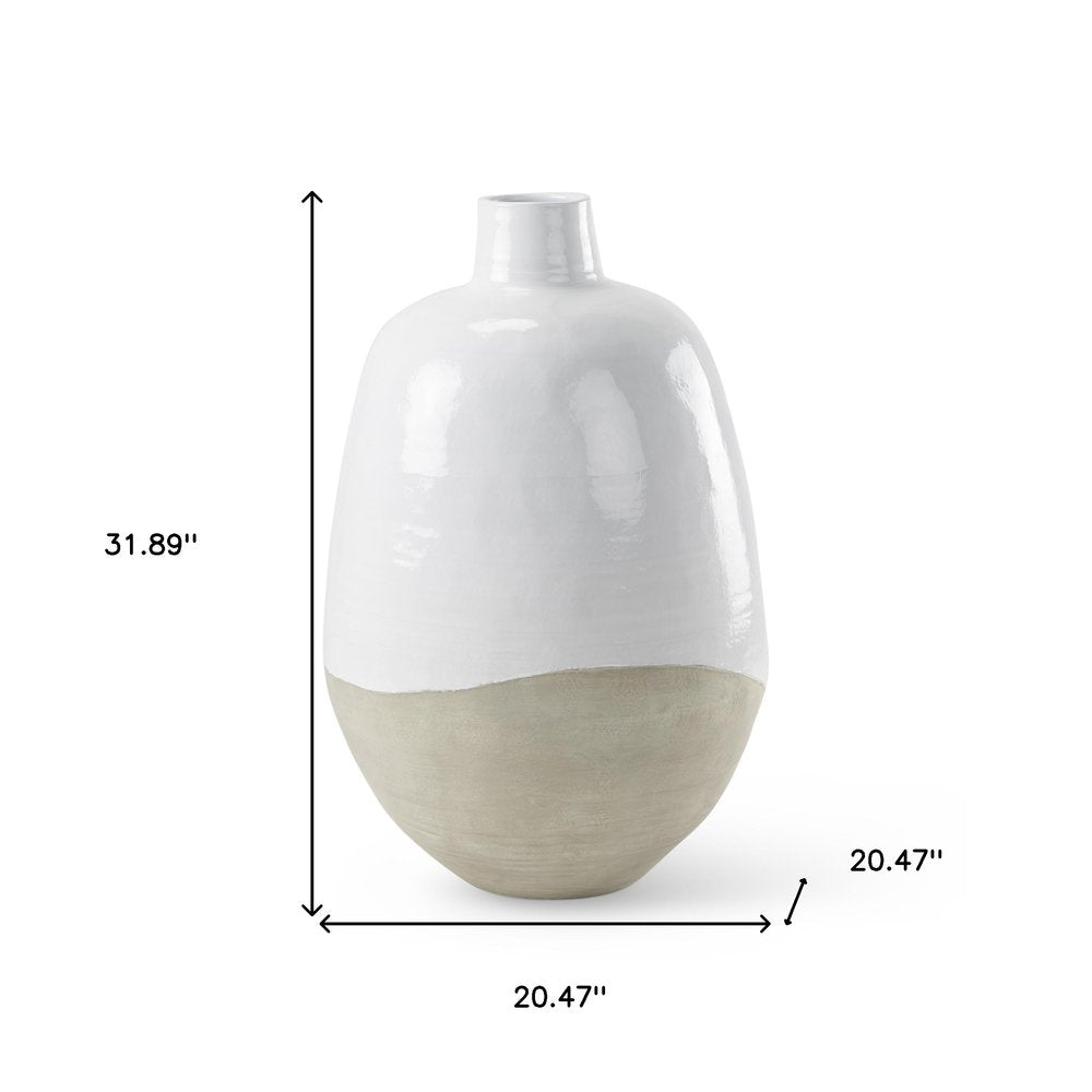 32" White and Beige Ceramic Round Floor Vase