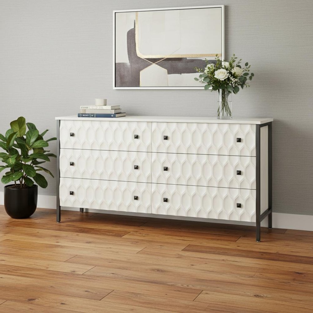 63" Gray and White Wood Carved Geometric Sideboard