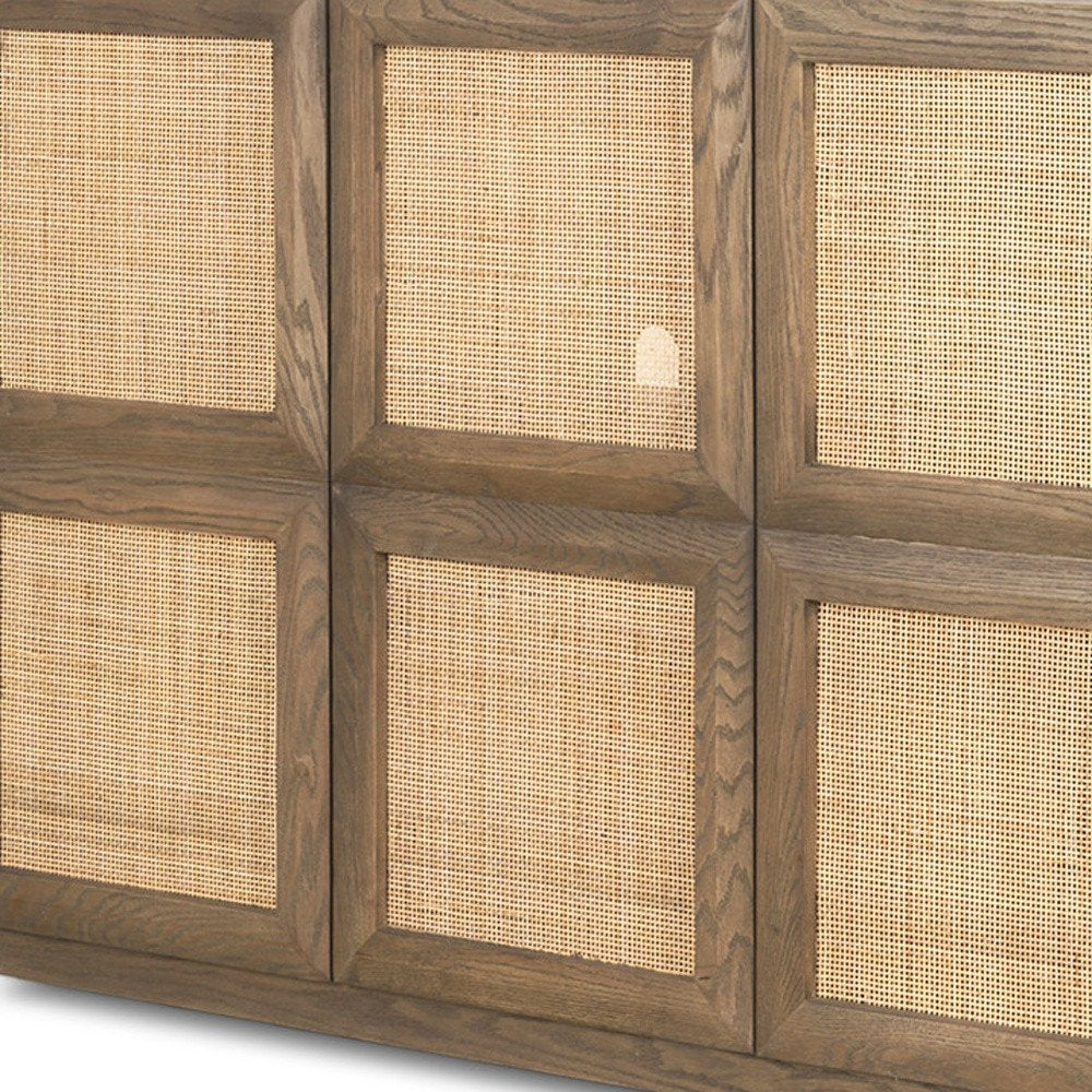 64" Brown Wood and Rattan Sideboard with Soft Close Doors