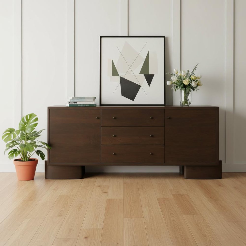 76" Wood Three Drawer Pedestal Sideboard with Two Soft Close Doors