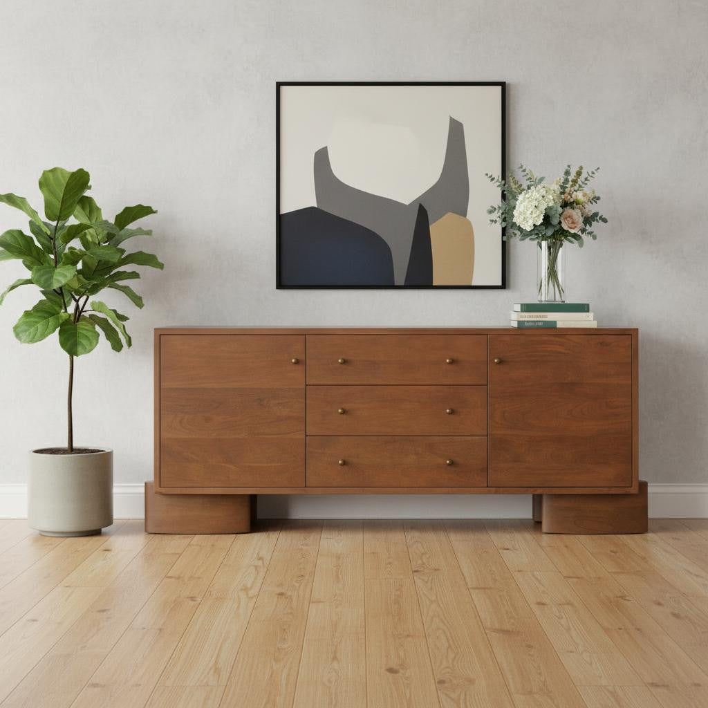 76" Wood Three Drawer Pedestal Sideboard with Two Soft Close Doors