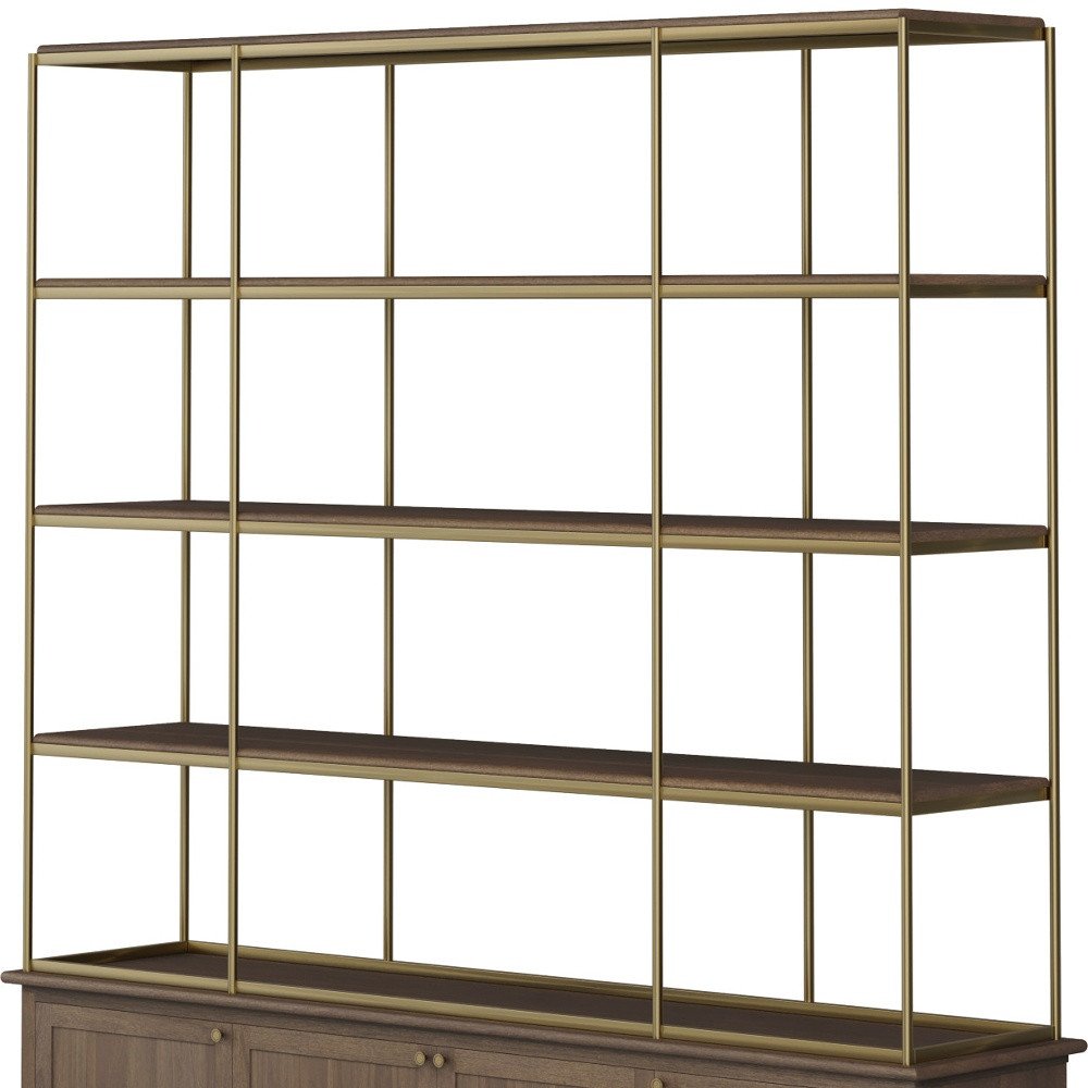 90" Brass and Brown Four Tier Bookcase with Cabinets