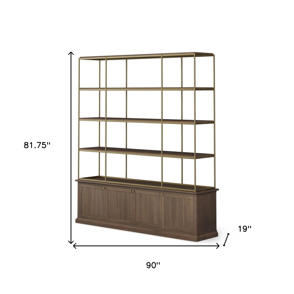 90" Brass and Brown Four Tier Bookcase with Cabinets