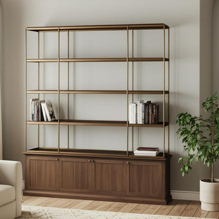 90" Brass and Brown Four Tier Bookcase with Cabinets