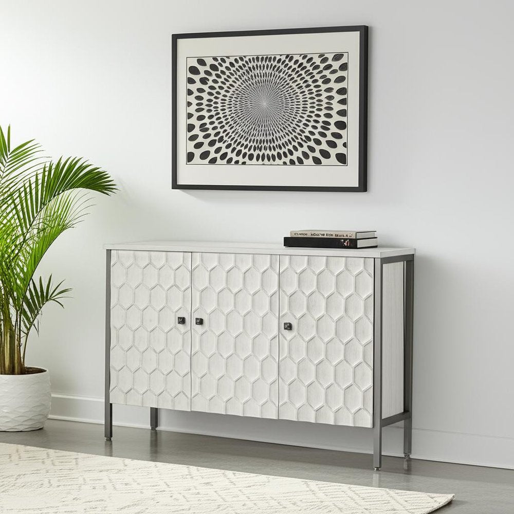 47" Gray and White Wood Carved Geometric Sideboard