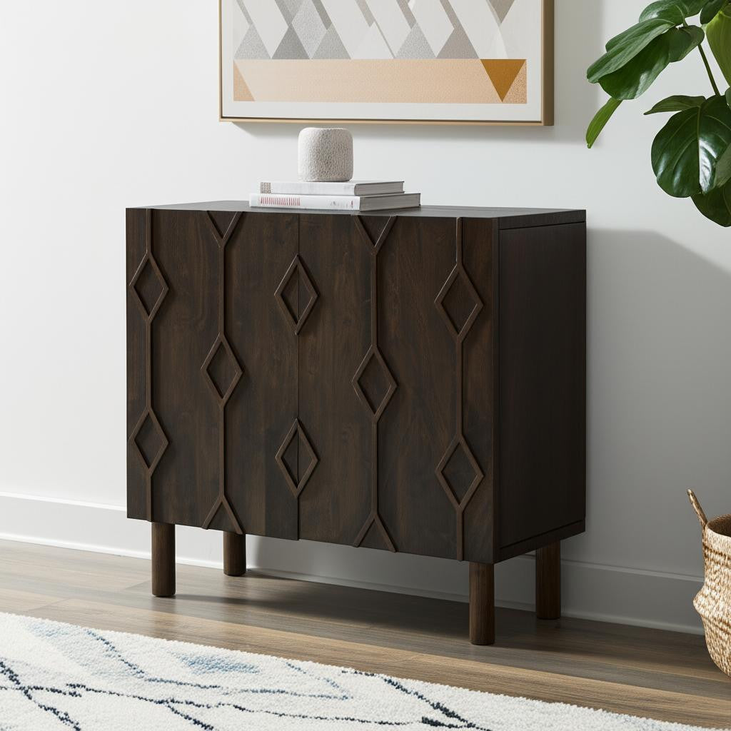 32" Wood Carved Geometric Accent Cabinet