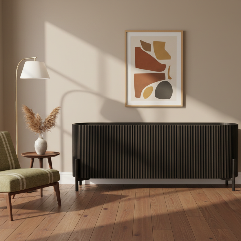 80" Brown Oval Fluted Wood Sideboard