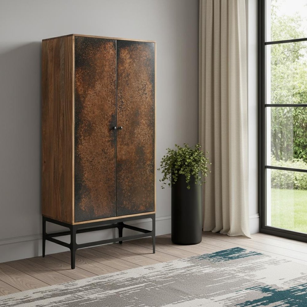 68" Copper and Wood Distressed Cabinet With Two Doors