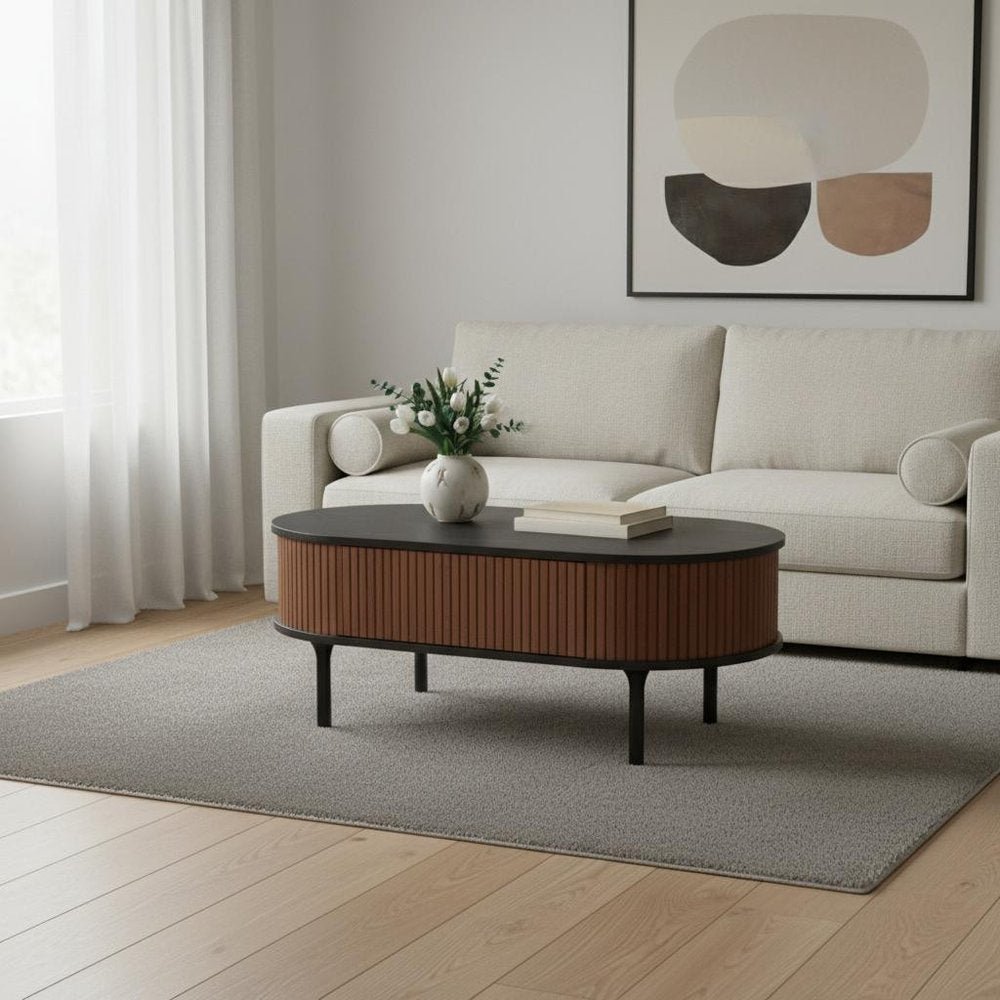 47" Black Wood Oval Fluted Coffee Table with Drawer